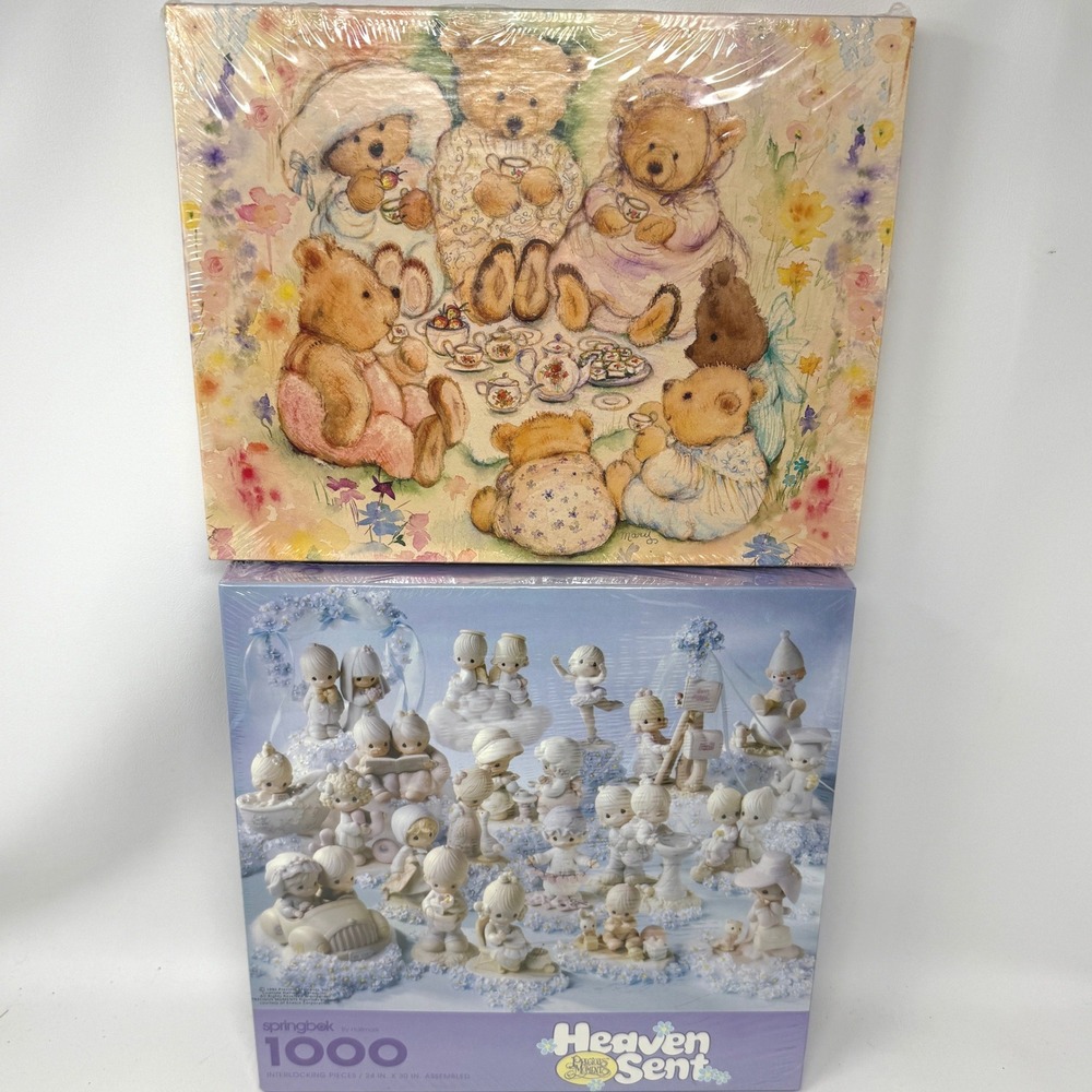Springbok 1000 Piece Puzzle Precious Moments Heaven Sent & Bear Tea Party Lot